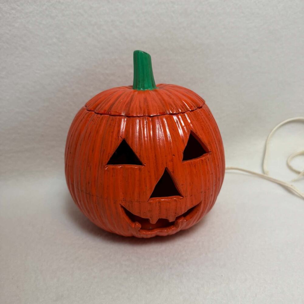 Vintage 70s Jack-O'-Lantern Ceramic Lighted Pumpkin 7" Plug In Halloween Decor